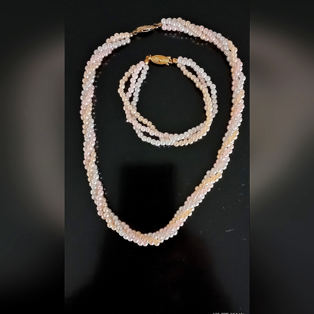 PEARL NECKLACE 16" & BRACELET 8", VINTAGE SET, 3 MM PEARLS INTERTWINED